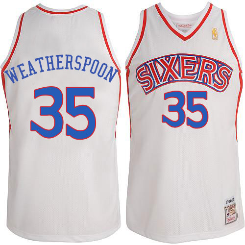 Mens Mitchell and Ness Philadelphia 76ers 35 Clarence Weatherspoon Authentic White Throwack NBA Jersey